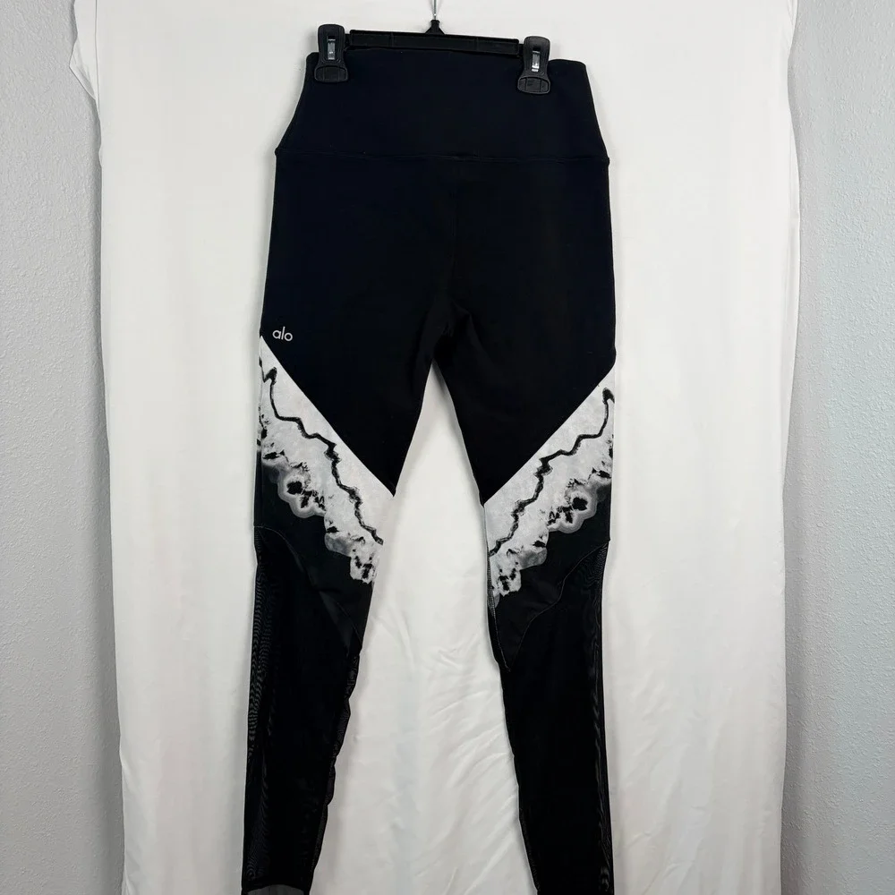 Alo Yoga Leggings Medium Black White Marble Mesh High Waist Moto Activewear
